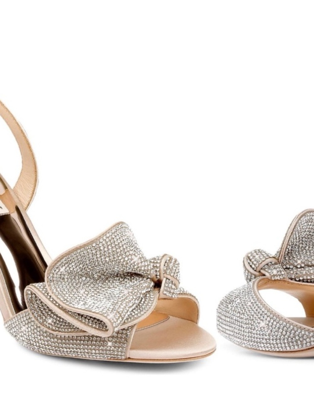 Badgley Mischka Siene Crystal Bow Open-Toe Heels in Champagne/nude Satin